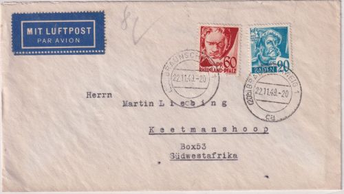 Bizone - FZ-Fremdverwendung Luftpostbrief n. SÜDWESTAFRIKA Braunschweig 22.11.49