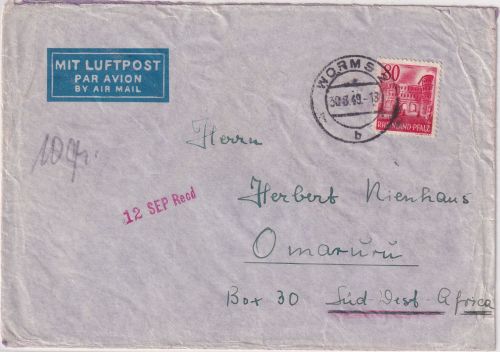 FZ/Rheinl.-Pfalz - 80 Pfg. 3. Ausg. Luftpostbrief n. SÜDWESTAFRIKA Worms 30.8.49