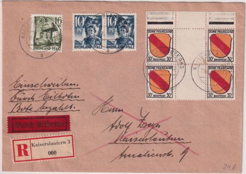 FZ/Rhld.-Pfalz - Kaiserslautern 11.6.48 Orts-Eil-Einschreibebrief 156 Pfg.-Tarif