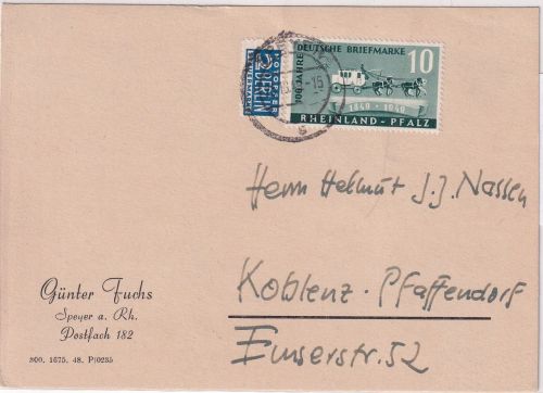 FZ/Rheinl.-Pfalz - 10 Pfg. 100 J. Briefmarke Karte Speyer - Koblenz 25.10.49