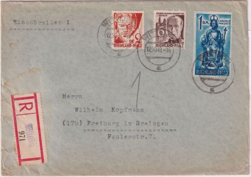 FZ/Rheinl.-Pfalz - 1 DM 2. Ausgabe u.a. Einschreibebrief Wittlich Freiburg 1948