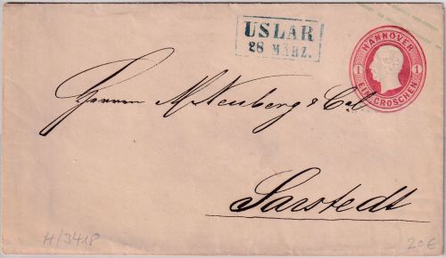 Hannover - 1 Gr. Georg V. Ganzsache/Brief blauer Ra2 Uslar n. Sarstedt