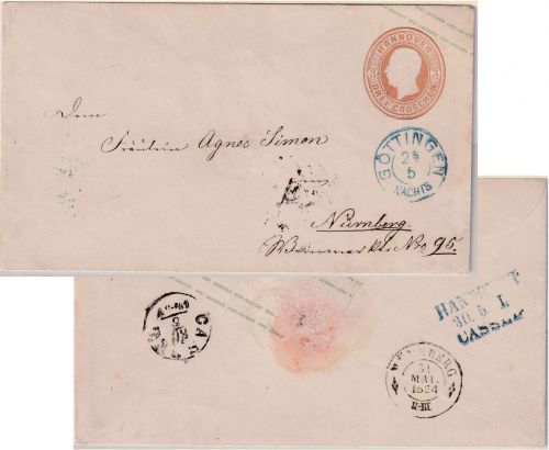 Hannover/Bayern - 3 Gr. Georg V. Ganzsache/Brief blauer Ra3 Göttingen 29/5(1864)