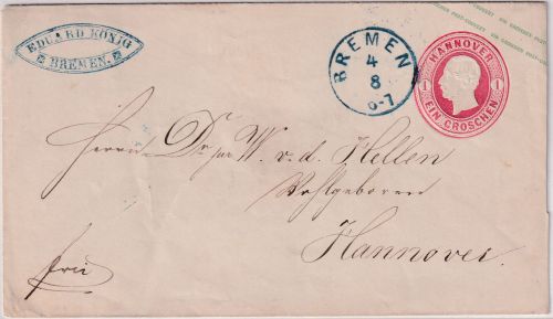 Hannover - 1 Gr. Georg V. Ganzsache/Brief blauer K1 Bremen 4/8 n. Hannover