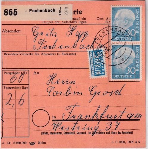 BRD - 30 Pfg. Heuss I senkr. Paar Paketkarte Fechenbach - Frankfurt a/M 20.12.54