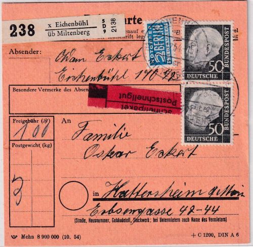 BRD - 50 Pfg Heuss I senkr. Paar Schnellpaketkarte Eichenbühl ü. Miltenberg 1954