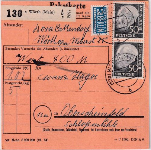 BRD - 50 Pfg Heuss I senkr. Paar Wertpaketkarte Wörth - Oberscheinfeld 17.3.55
