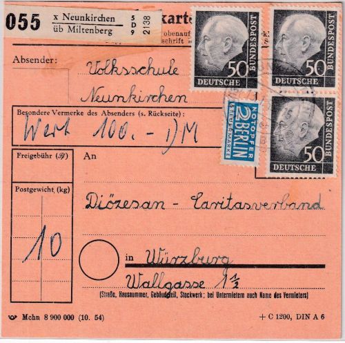 BRD - 3x50 Pfg Heuss I Wertpaketkarte Neunkirchen ü. Miltenberg - Würzburg 1955