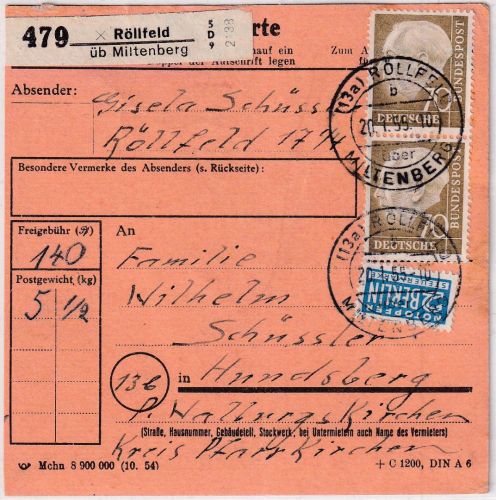 BRD - 70 Pfg Heuss I senkr. Paar Paketkarte Röllfeld ü. Miltenberg 20.1.55