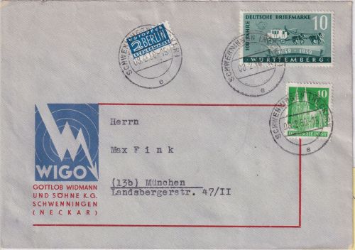 FZ/Württ. - 10 Pfg. 100 J. Dt. Briefmarke u.a. illustr. Firmenbrief Schwenningen