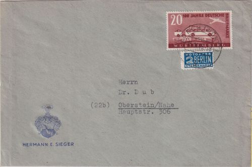 FZ/Württ. - 20 Pfg. 100 J. Dt. Briefmarke Brief Lorch - Oberstein 15.11.49