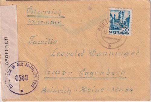 FZ/Württ. - 75 Pfg. 1.Ausgabe Zensurbrief n. ÖSTERREICH Reutlingen Graz 13.12.47