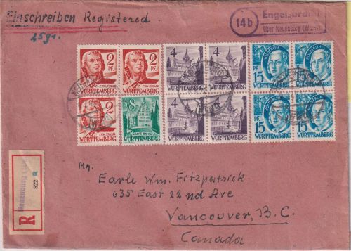 FZ/Württ. - 15 Pfg. 2. Ausgabe 4er-Block u.a. Einschreibebrief n. KANADA 9.2.49