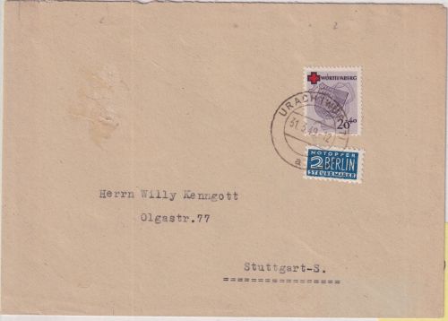 FZ/Württ. - 20 Pfg. Deutsches Rotes Kreuz Brief Urach - Stuttgart 31.3.49