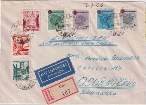 FZ/Württ. - Deutsches Rotes Kreuz Satz u.a. Lupo-Einschreibebrief n. CHILE 1949
