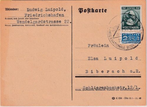 FZ/Württ. - 10 Pfg. 200. Geb. Goethe Karte Friedrichshafen - Biberach 23.2.50