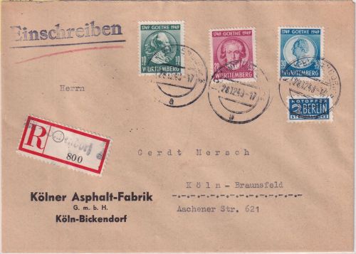 Bizone - FZ-Fremdverwendung 200. Geb. Goethe Satz Ortseinschreibebrief Köln 1949
