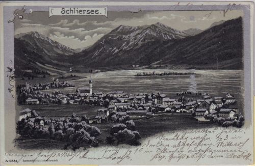 Bayern - Schliersee Gesamtansicht Mondschein-Litho gelaufen 1900