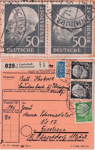 BRD - 50 Pfg Heuss I waagr. Paar u.a. Paketkarte Laudenbach b. Kleinheubach 1955