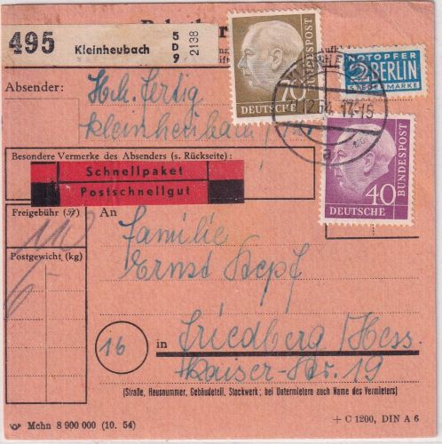 BRD - 70+40 Pfg Heuss I Schnellpaketkarte Kleinheubach - Friedberg 21.12.54