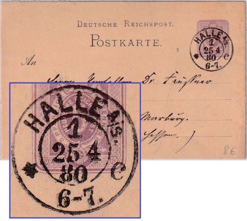 DR - Halle 1 A/S. K2 5 Pfg. Ganzsache n. Marburg 1880