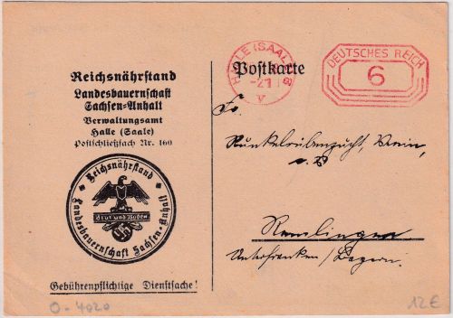 DR - Halle (Saale) 8 6 Pfg. PFS Karte Reichsnährstand n. Remlingen 1938