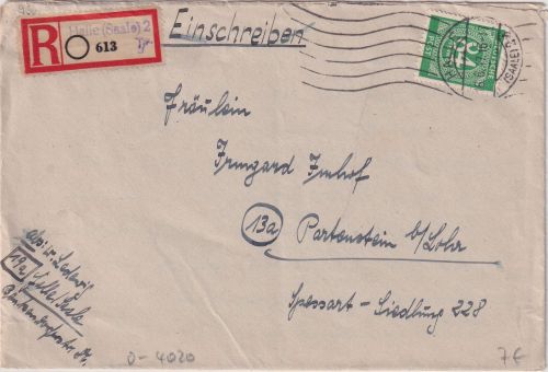 All.Bes. - 84 Pfg. Ziffer Einschreibebrief Halle 2 - Partenstein 1947