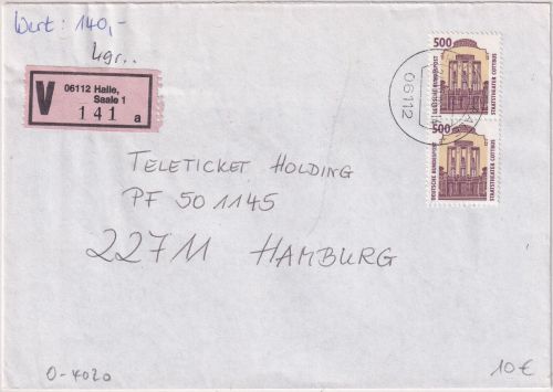 BRD - 2x500 Pfg. SWK Wertbrief Halle 1 - Hamburg 1995