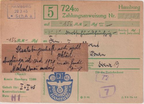DR - Stov Kühlungsborn Postscheckamt Hamburg Zahlungsanweisung 28.3.45