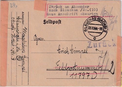 DR - Glauchau 3.10.44 Feldpostbrief an Fp.Nr. 11797D /Niederlande)