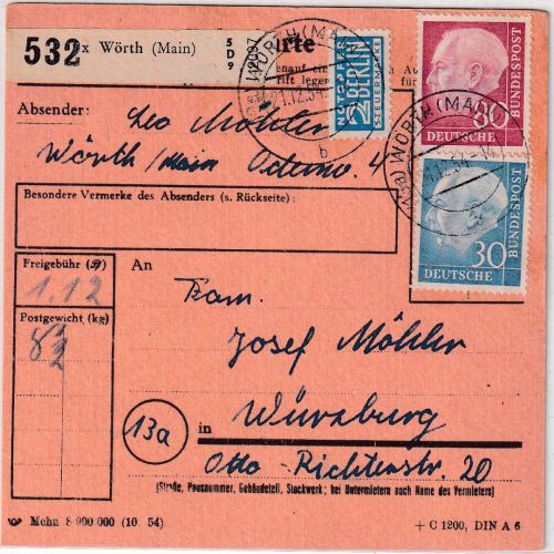 BRD - 80+30 Pfg. Heuss I Paketkarte Wörth - Würzburg 21.12.54