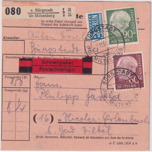 BRD - 90+60 Pfg. Heuss I Schnellpaketkarte Bürgstadt ü. Miltenberg 2.11.54