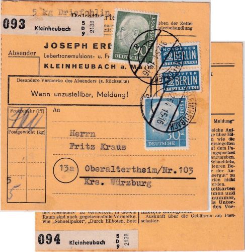 BRD - 90+30 Pfg. Heuss I + Paar Notopfer Paketkarte Kleinheubach 9.12.54