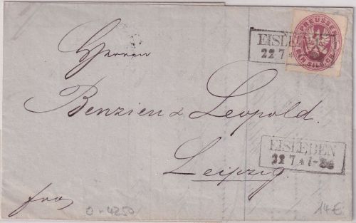 Preussen - 1 Sgr. Adler Brief Ra2 Eisleben 22/7 - Leipzig 1865 - mit Inhalt