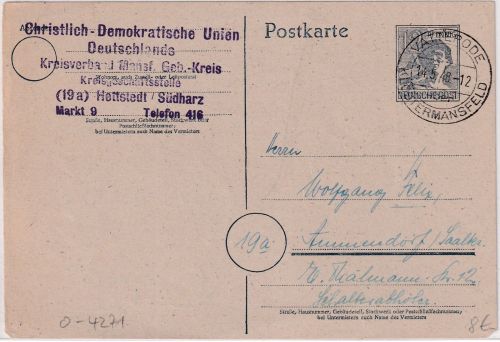 All.Bes. - Vatterode ü. Klostermansfeld Poststelle I Ganzsache n. Ammendorf 1948