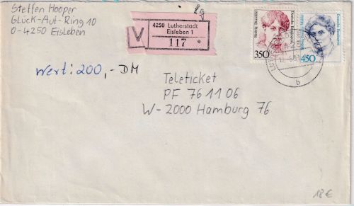 BRD - 350+450 Pfg. Frauen Wertbrief Lutherstadt Eisleben - Hamburg 12.5.93