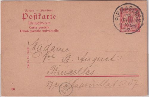 Bayern - 10 Pfg. Rauten Ganzsache n. BELGIEN Pirmasens - Brüssel 1907