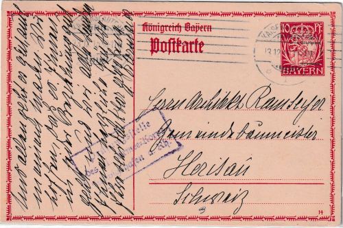 Bayern - 10 Pfg. Hupp Ganzsache i.d. SCHWEIZ Ludwigshafen - Herisau 1915 Zensur