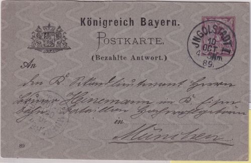 Bayern - 5 Pfg. Rauten Ganzsache/A-Teil K1 Ingolstadt - München 1889
