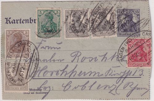 DR - 15 Pfg. Germania Ganzsache+Zusatz Kartenbrief Bahnpost 1920