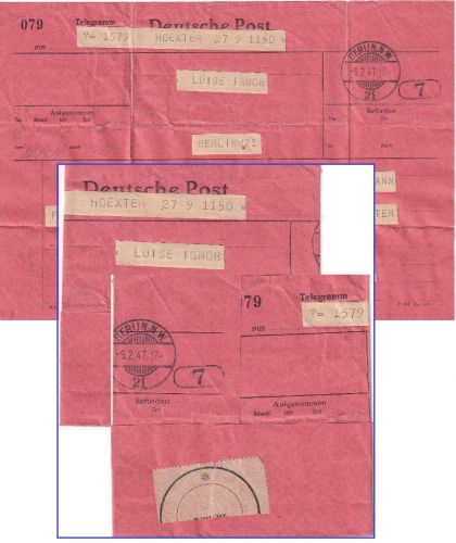 DR - Telegramm Höxter - Berlin 9.2.47 lachsfarbiges Formular