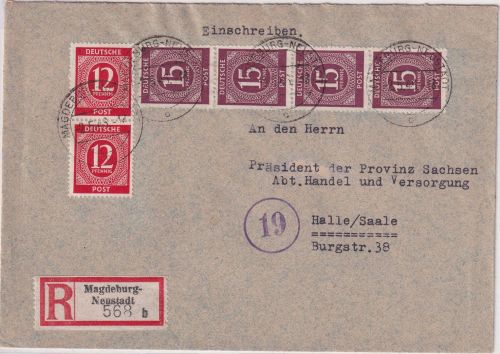 All.Bes. - 4x15+2x12 Pfg. Pfg. Ziffer Einschreibebrief Magdeburg-Neustadt 2.5.46