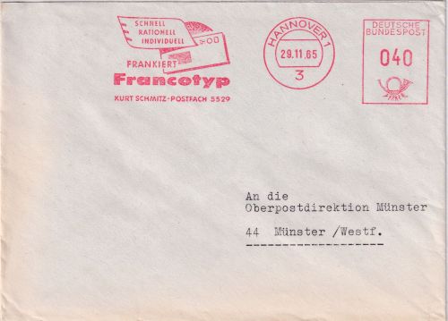 BRD - Hannover 1965 40 Pfg. AFS "Frankiert Francotyp" Brief n. Münster