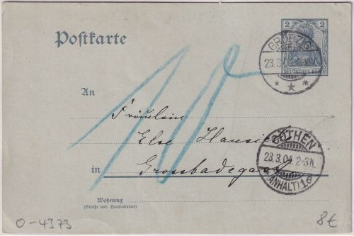 DR - 2 Pfg. Germania Ganzsache Gröbzig - Großbadegast 1904 Nachporto
