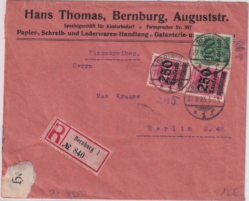 DR-Infla - 2x250 Tsd/500 M. u.a. Einschreibebrief Bernburg - Berlin 27.9.23