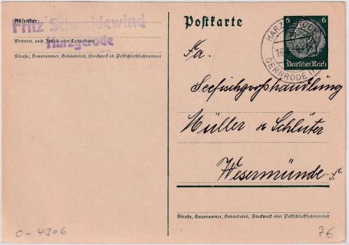 DR - Harzgerode ü. Gernrode Poststelle I 6 Pfg. Ganzsache n. Wesermünde 1940