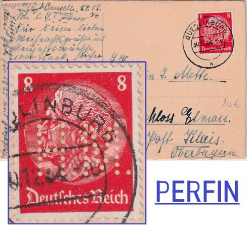 DR - 8 Pfg. Hindenburg Perfin "H.M." Karte Quedlinburg - Klais 1934