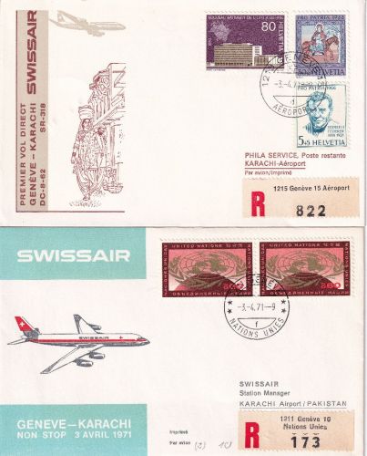 Schweiz - Swissair Erstflug Genf Karachi 3.4.71 2 Belege (1x Zuleitung UNO Genf)