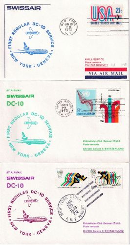 USA - Swissair Erstflug New York Genf 29.1.73 3 Belege (u.a. 1x Zuleitung UNO)