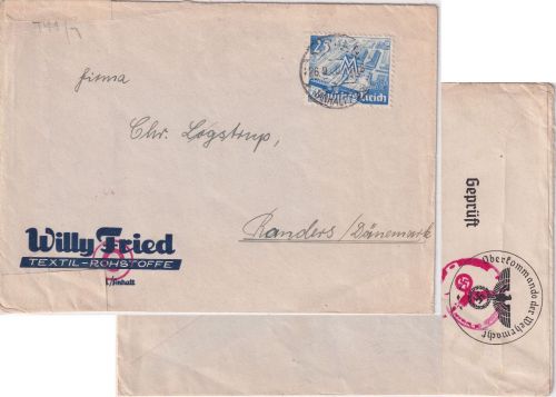 DR - 25 Pfg. Leipziger Messe Zensurbrief n. DÄNEMARK Köthen - Randers 26.9.40